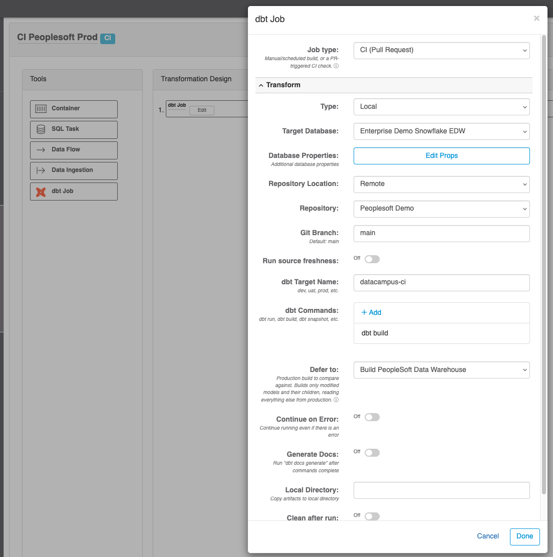 A CI dbt Job form showing the Job type, Git Branch, and Defer to fields, with the CI badge visible on the transform