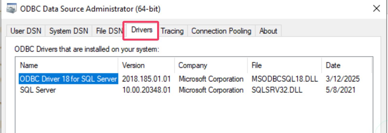 ODBC Drivers tab showing SQL Server driver